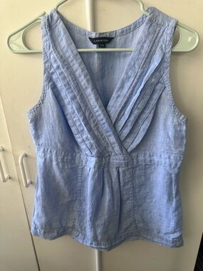 Lands' End Light Blue Linen V-Neck Pintuck Sleeveless Top